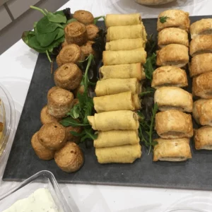 finger food buffet examples - pork pies, sausage rolls and spring rolls