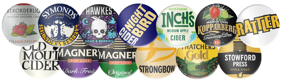 A collection of cider logos such as Magners, Rattler and Stowford Press. Just some of the cider kegs you can hire from Ultimate Mobile Bars