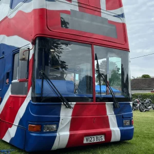 Mobile party bar bus painted in a Union Jack livery